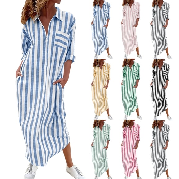 Noric Women's Collared Long Sleeve Striped Maxi Shirt Dresses Button Front Loose Fit Casual Dresses for Beach Vacation Daily