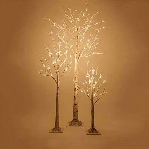 Pieces Prelit White Birch Trees, Outdoor Lighted Trees Artificial Birch