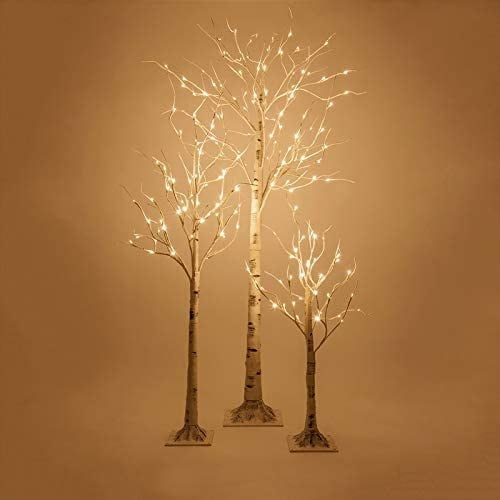Segmart 3 Pieces Prelit White Birch Trees With Led Light 2021 New Style Home Artificial Plugin Tree Solid Metal Stand Xmas For Party Indoor Outdoor Ss045 Pieces Prelit White Birch Trees, Outdoor Lighted Trees Artificial Birch