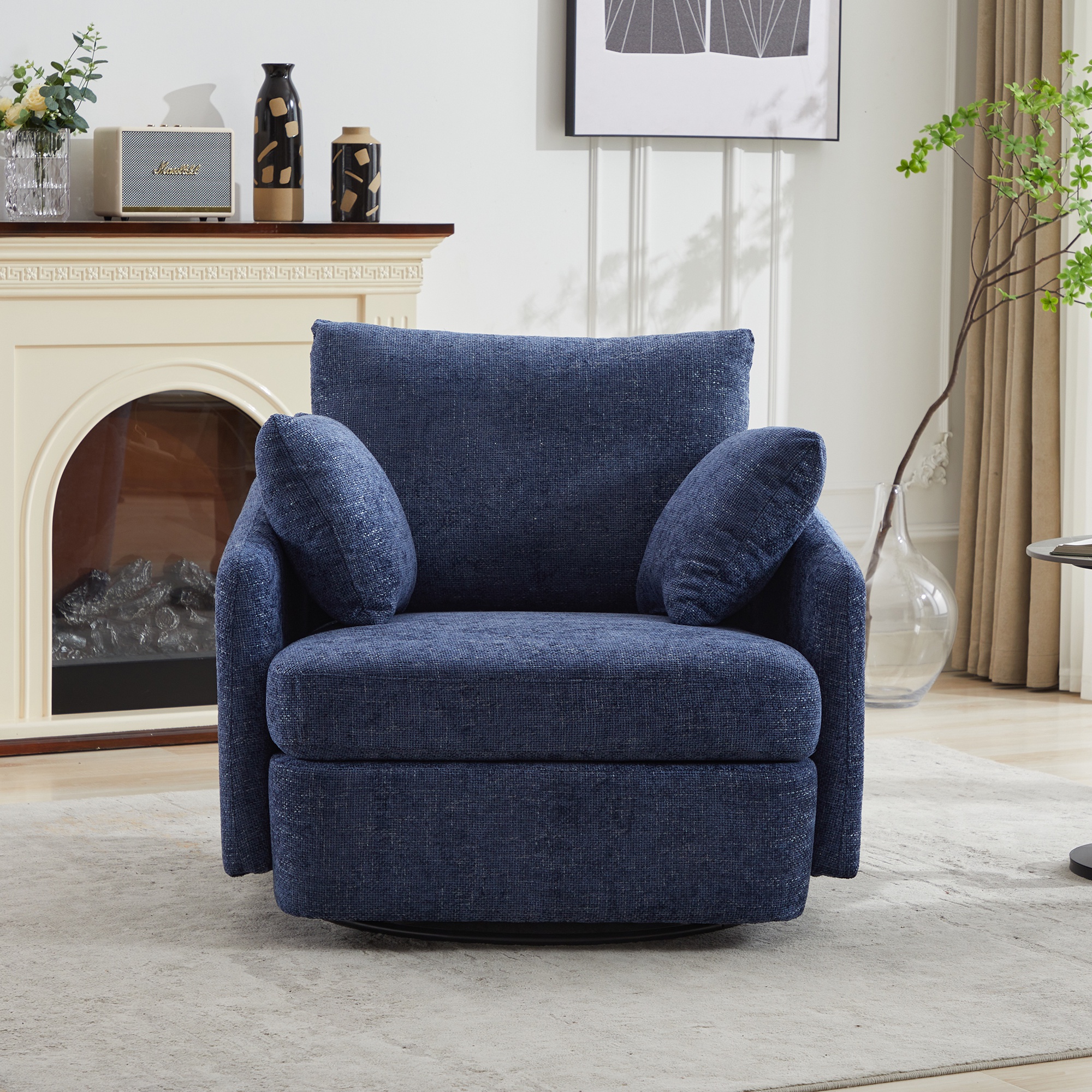 PORKISS Swivel Accent Chair, Modern Barrel Chair with 2 Thorw Pillows, Oversized Comfy Round Armchair Reading Chair, Comfy Chair for Bedroom Living Room, Navy