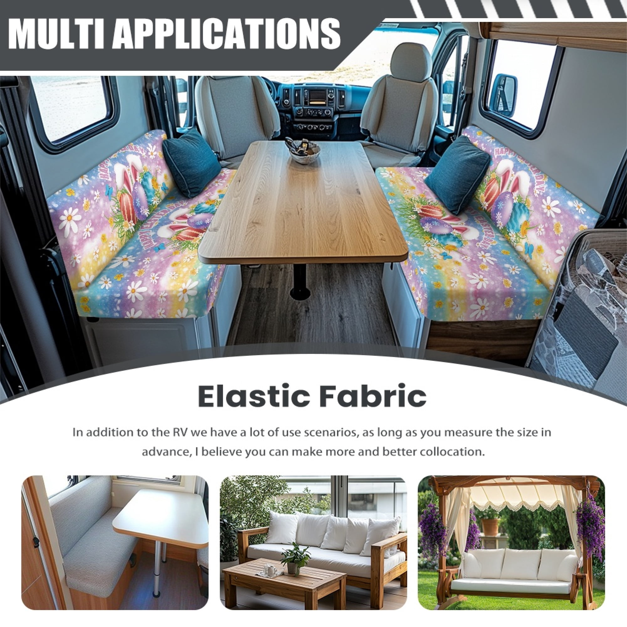 Yuyamidu Easter Egg RV Dinette Cushion Covers Booth Set Rabbit RV Cushion Slipcover 1 Bench Cover 1 Backrest Cover Stretch Camper Cushion Covers RV Couch Cover