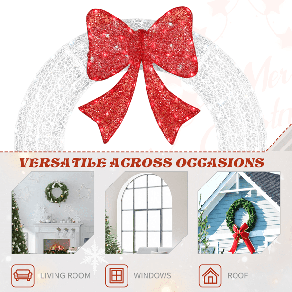 Alvantor 36-Inch Metal Christmas Wreath with 165 LED Lights, Red Bow, Remote and Timer, White