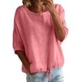 thumbnail image 5 of Helii Women's Cotton Linen Blouse – 3/4 Lantern Sleeve Round Neck Top, Plus Size Loose Fit Tunic with Drawstring Hem, Breathable Summer Shirt for Casual Vacation Pink,XL, 5 of 9