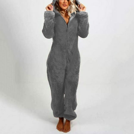 

Women Winter Warm Furry Sherpa Romper Fleece Onesies Pajama One Piece Zipper Fuzzy Hooded Jumpsuit Sleepwear Loungewear Plus Size
