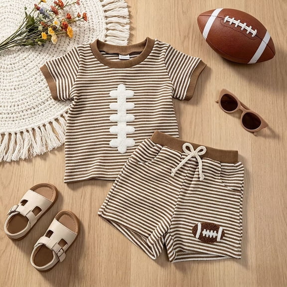 CUZIBR Toddler Baby Boys Summer Outfits Short Sleeve Cute Striped Rugby Football Embroidery Crewneck T Shirt Pullover Tops Elastic Waist Shorts Ribbed Beach 2 Piece Sets,Brown,12-18 Months