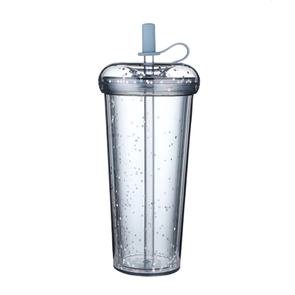 ACDANC Glitter Tumbler With Straw 18 Oz Double Wall Acrylic Silver Glitter Cup,Leak-Proof,Iced Coffee Tumbler Cup With Moveable Glitter,Screw On Lid With Silicone Stopper,Brush Cleaner Boba Tumbler