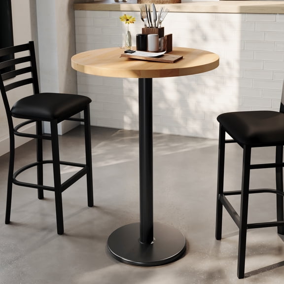 Flash Furniture 30" Round Solid Wood Commercial Indoor Tabletop in Natural with 18" Round Bar Height Rust-Resistant Black Cast Iron Base