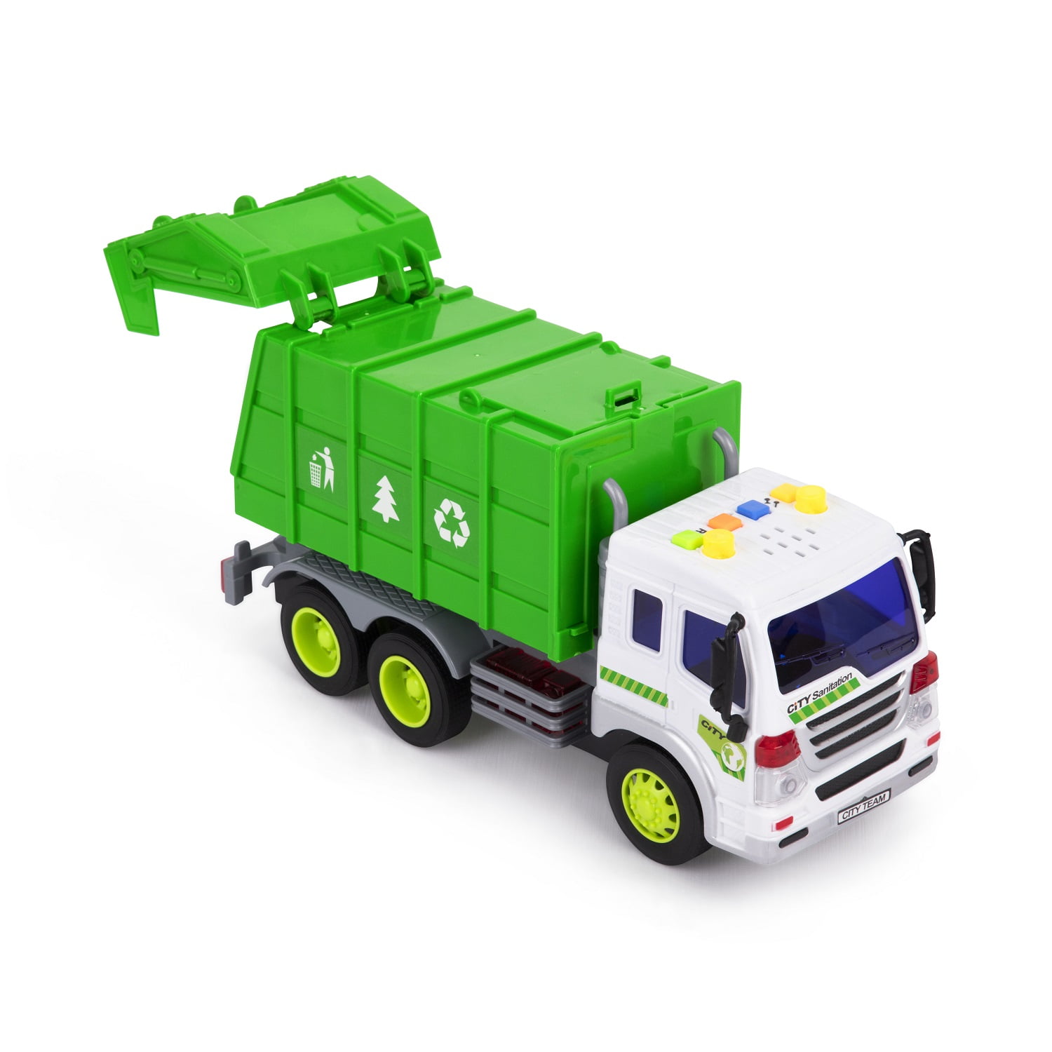 JOYIN 4 Pack Friction Powered City Vehicles Including Garbage Truck Boom Lift Truck and Construction Dump Truck with Lights and Sounds Fire Engine Truck 