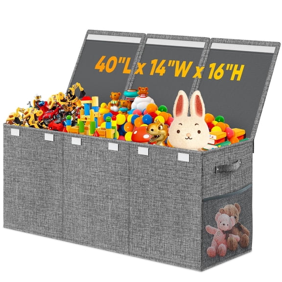 Extra Large Toy Box, Collapsible Sturdy Kids Toy Storage Storage Box with 2 Side bags and Removable Lids,large Toy Chest for Boys, Girls, Nursery, Living Room, Playroom,Gray