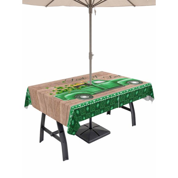 Outdoor Tablecloth with Umbrella Hole and Zipper, Saint Patrick's Day Rectangle Table Cloth 60x120 Inch Waterproof Tablecloth, Luck Leaves Car Brown Wooden Plaid Picnic Table Cover for Patio Camping