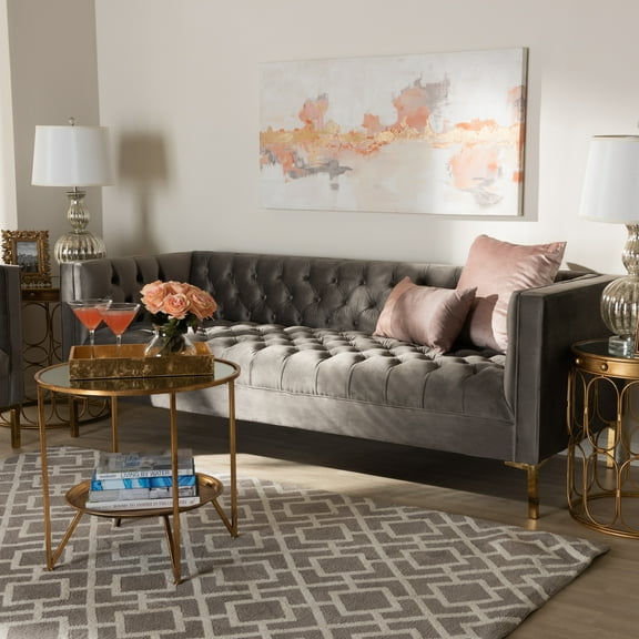 Baxton Studio Zanetta Glam and Luxe Gray Velvet Upholstered Gold Finished Sofa