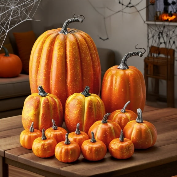 DAMAI 14 Pieces Artificial Pumpkins,Foam Fall Pumpkins Decor Set,ssorted Large Faux Harvest Pumpkins for Autumn Thanksgiving Halloween Seasonal Holiday Decor Decoration (Orange)