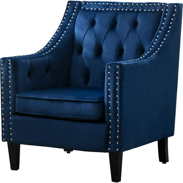 Velvet Accent Chair with Wood Legs and Nailhead Trim, Tufted Armchair with Wingback and Deep