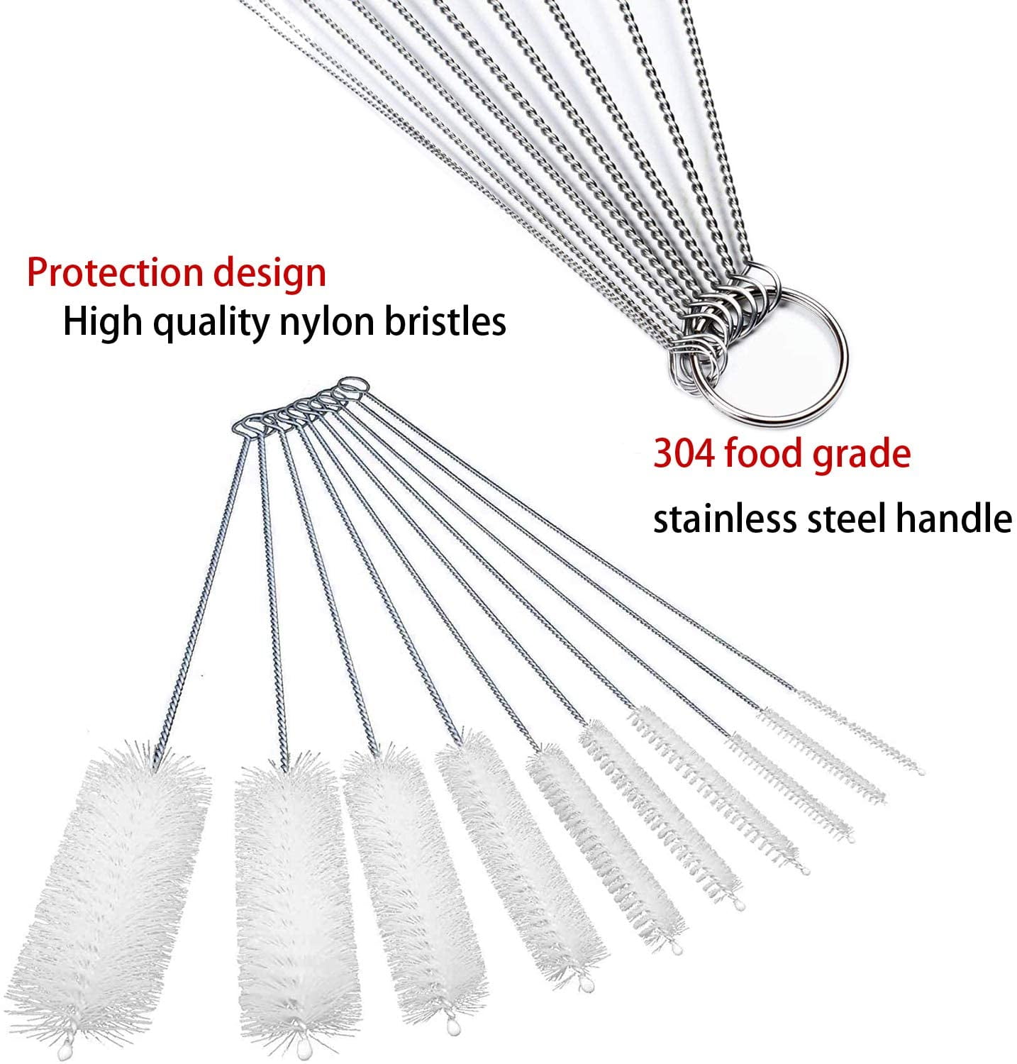 Long Straw Brush, Nylon Pipe Cleaning Brush, 8 Inches, 10 Different Diameters, 10 Piece Set