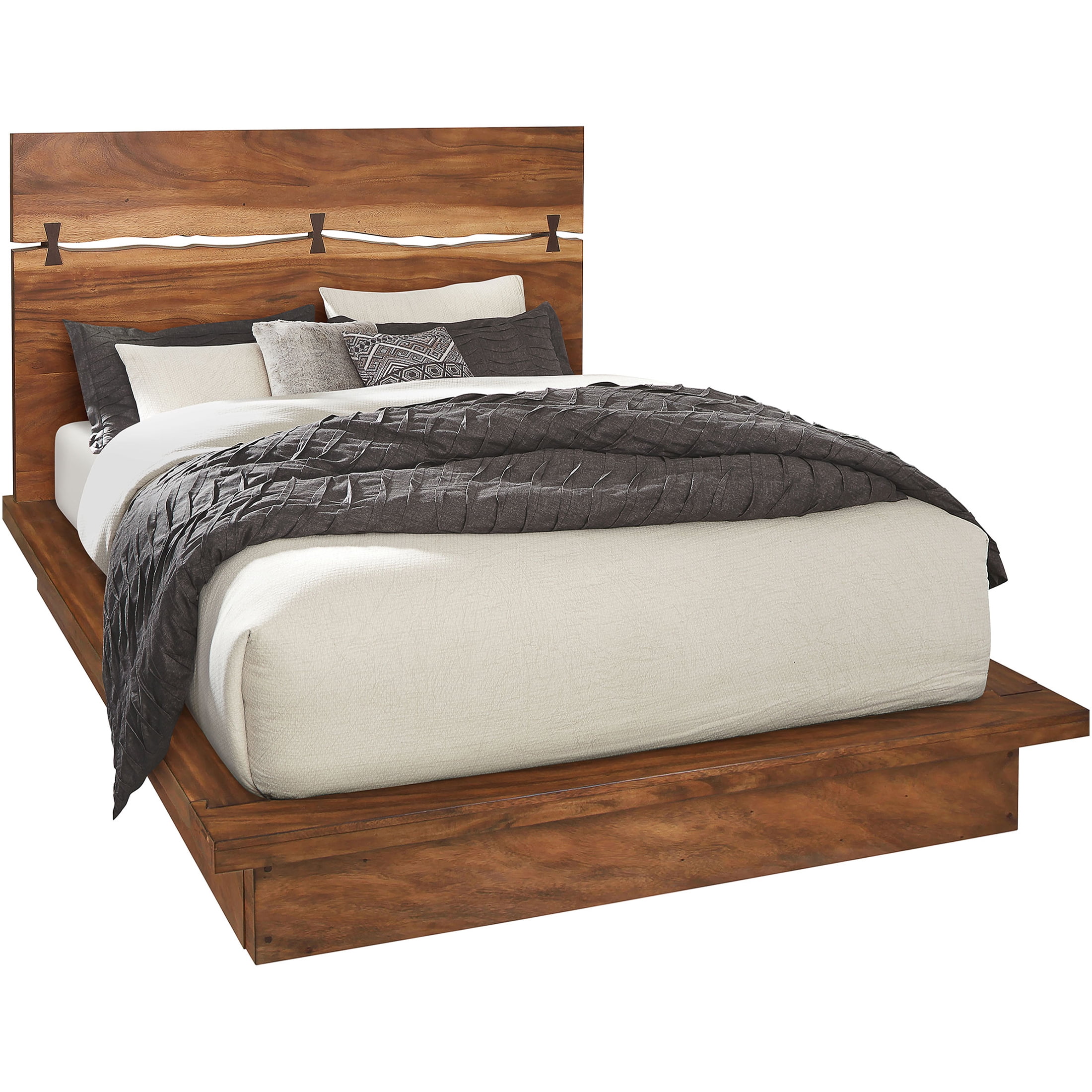 JERFIT Queen Size Platform Bed Frame, Smokey Walnut Wood Bedroom Furniture with Upholstered Headboard and Strong Slat Support