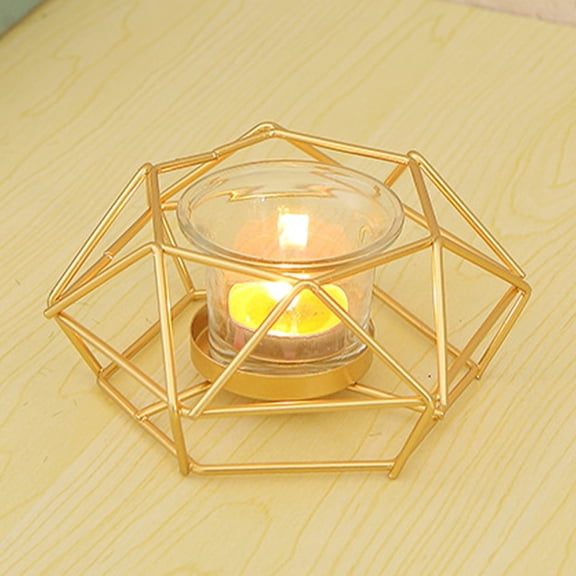 Modern Geometric Candle Stand, Black Iron Hexagon Candle Holder for Aromatherapy Jars & Pillar Candles, Artistic Tabletop Decor for Home, Wedding, Cafe Gold