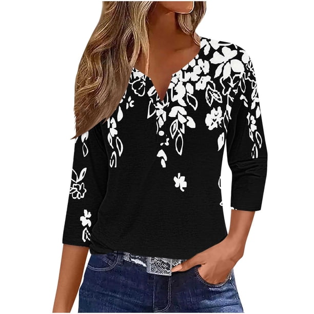 Camisetas de Manga Corta para las Mujeres Moda Impresa 3/4 Manga Cuello Redondo Top Casual para el Hogar Y Diario