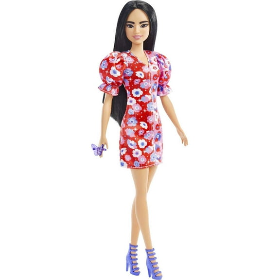 Barbie Fashionistas Doll #177 with Black Hair in Floral Dress & Strappy Heels