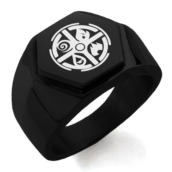 Stainless Steel Elementalism Magic Rune Engraved Hexagon Crest Flat Top Biker Style Polished Ring