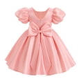 thumbnail image 2 of IBTOM CASTLE Toddler Girls Satin Short Puff Sleeve Flower Girl Dress Baby Girl Birthday Party Ruffle Formal Bowknot Wedding Guest Dress Pink, 2 of 7