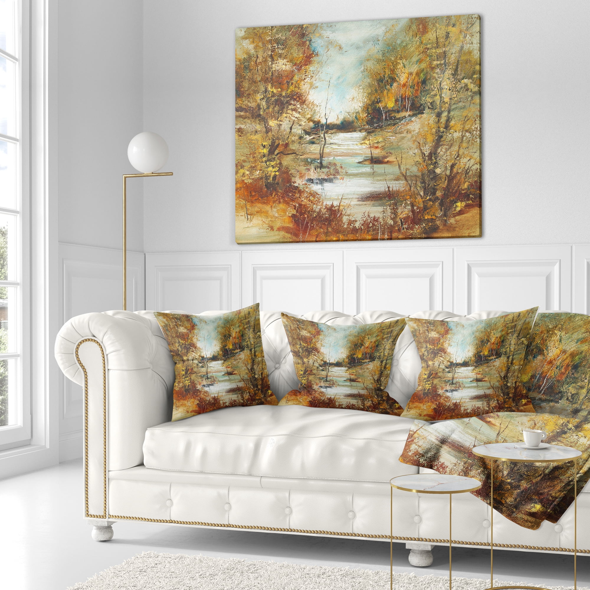 Designart Brown River in Forest - Landscape Painting Throw Pillow - 16x16