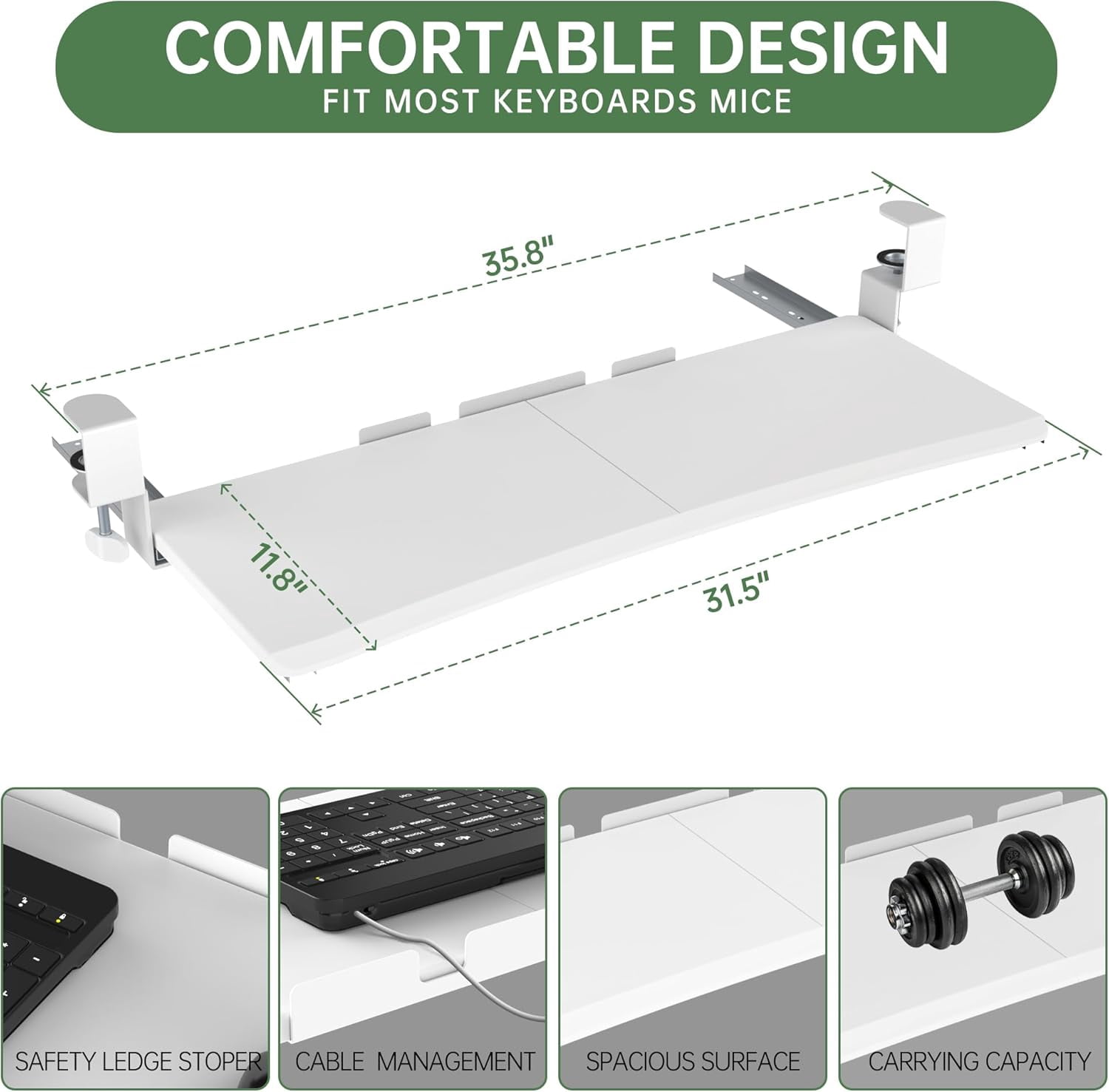 Extra Large Under Desk Keyboard Tray - Slide Out Ergonomic Computer Drawer with Sturdy C-Clip Mount, 31.5" x 11.8" White for Home Office & Gaming