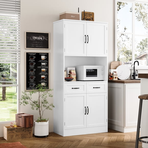 Homfa Armoires de Rangement de Cuisine Style Ferme de 71 Pouces, avec 2 Tiroirs et Tablettes Ajustables, Grande Huche de Rangement en Bois pour Salle à Manger, Blanc