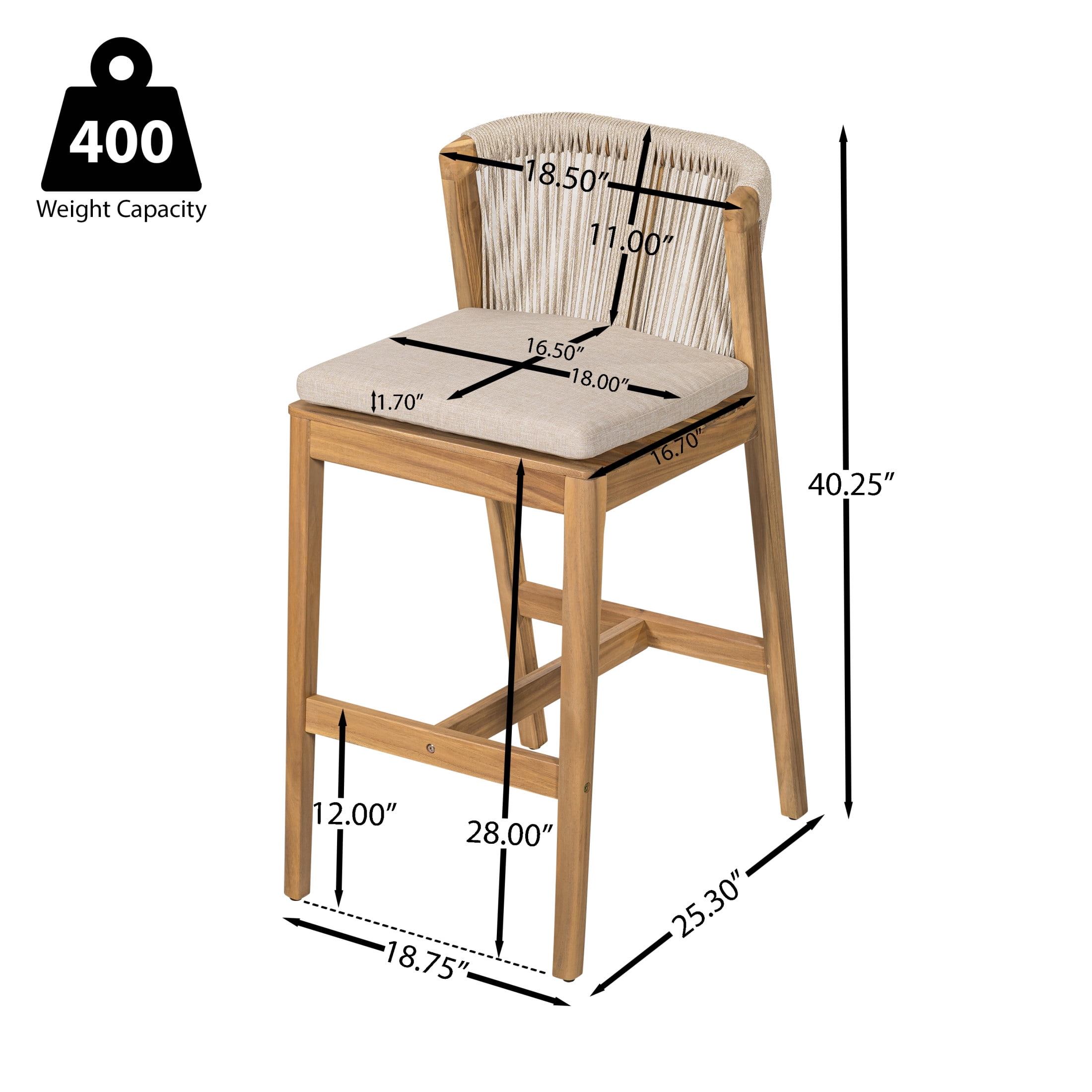 Christopher Knight Home 28" Outdoor Wood Bar Stool with Woven Rope Backrest and Removable Cushion, Beige