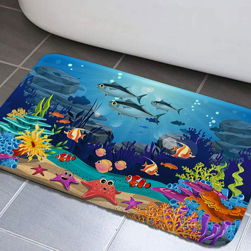 Ocean Bathroom Rugs, Underwater Sea Tropical Fish Bath Mat with Under