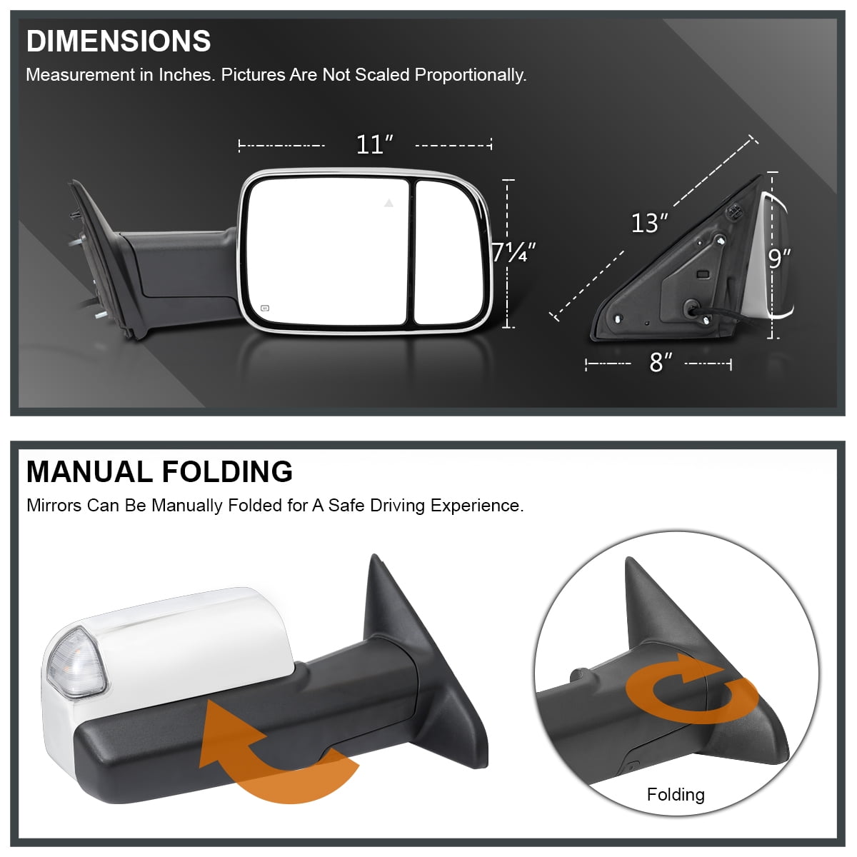 Spec-D Tuning Chrome Right Passenger Side Power Heated Manual Fold Tow Mirror w/ Puddle Light + Blind Spot Compatible with 2019-2022 Ram 2500 3500