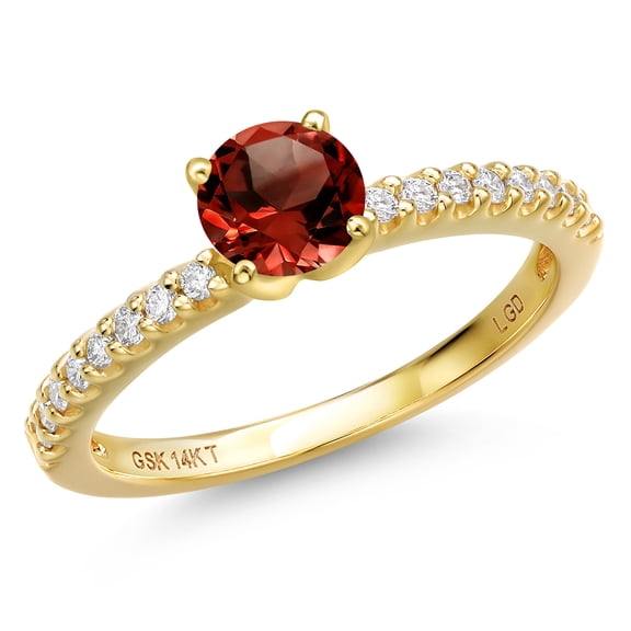 Gem Stone King 14K Yellow Gold Red Garnet and Lab Grown Diamond Engagement Ring for Women | 0.71 Cttw | Round 5MM | Gemstone January Birthstone | Size 6