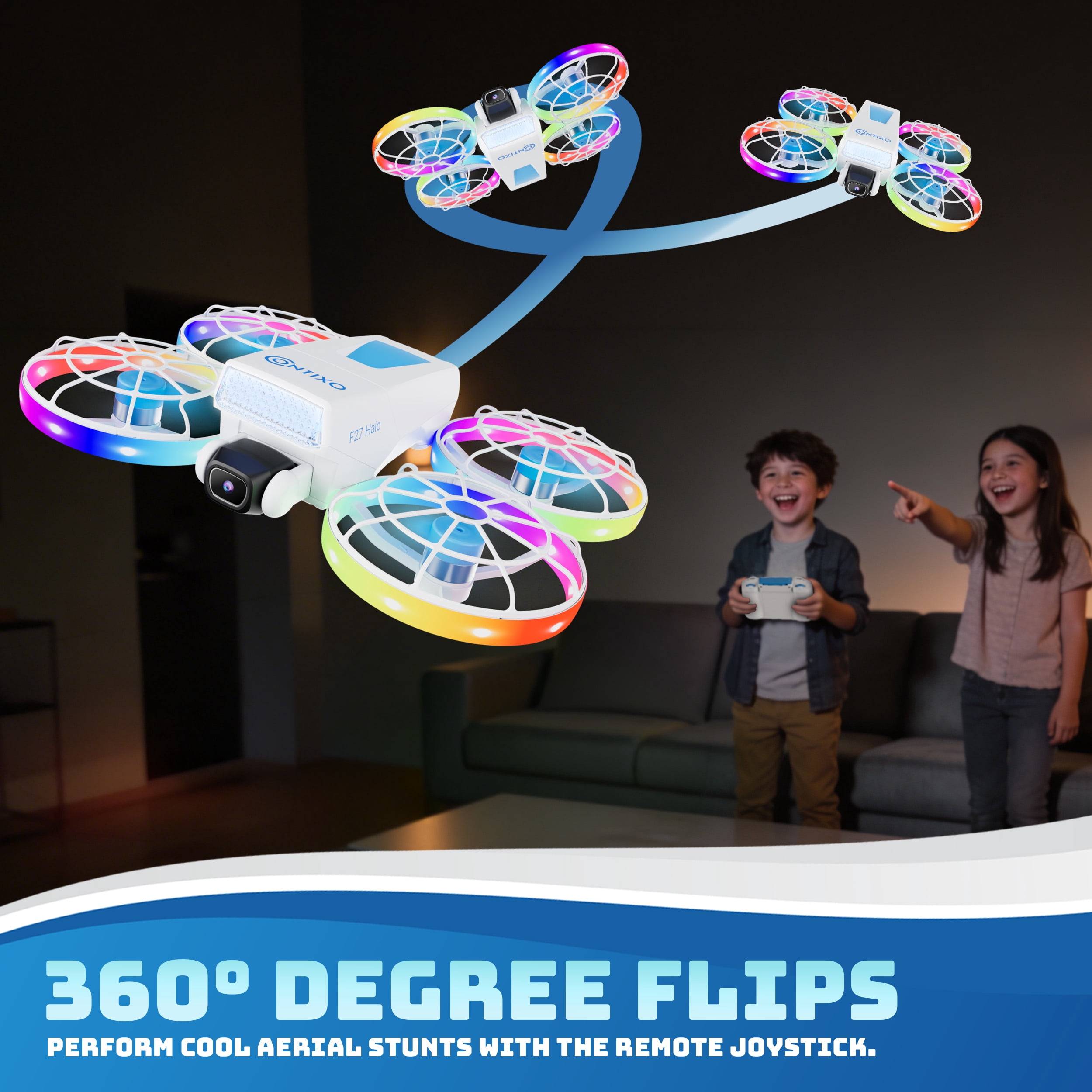 Contixo F27 Halo Mini Foldable Drone with Built-in Display Controller, HD Camera, LED Lights, Optical Flow Hover, One-Key Takeoff/Landing, 360° Stunts for Beginners