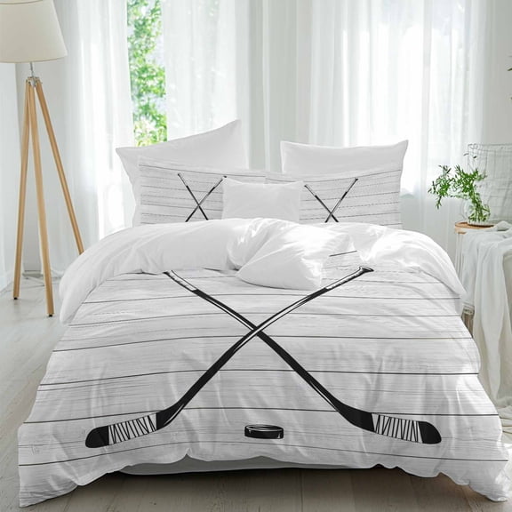 3 Piece Ice Hockey Duvet Cover Set Queen Size,Microfiber Comforter/Quilt Cover with Corner Ties and 2 Pillowcases,Farmhouse Rustic Ball Sport Game Wooden Grain All Season Bedding with Zipper Closure