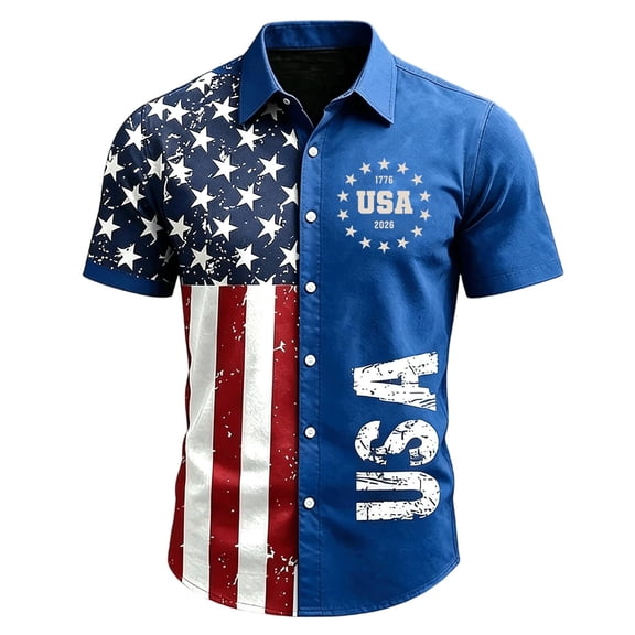 Homeyce America's 250th Anniversary Hawaiian Shirt for Men 4th Of July American Flag Printed Hawaiian Shirts Short Sleeve Button Down Patriotic Tee Gifts for Independence Day Holiday Shirts,Blue XL