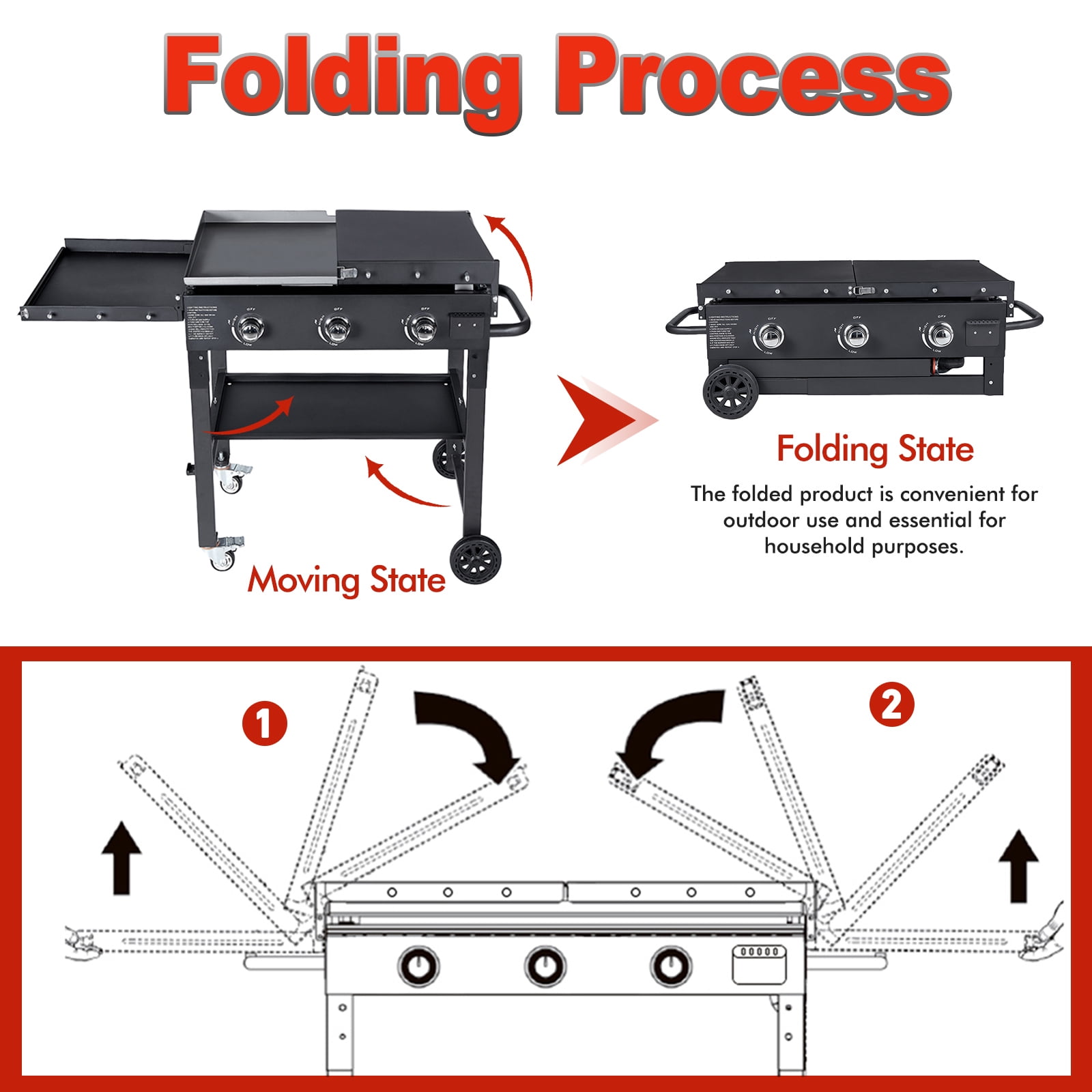 BESTFIRE Foldable Flat Top Grill-3 Burner, 35" Outdoor GriddlePropane Griddle with Two Foldable Shelves, Flat Grills Outdoor-45,000 BTU,Black