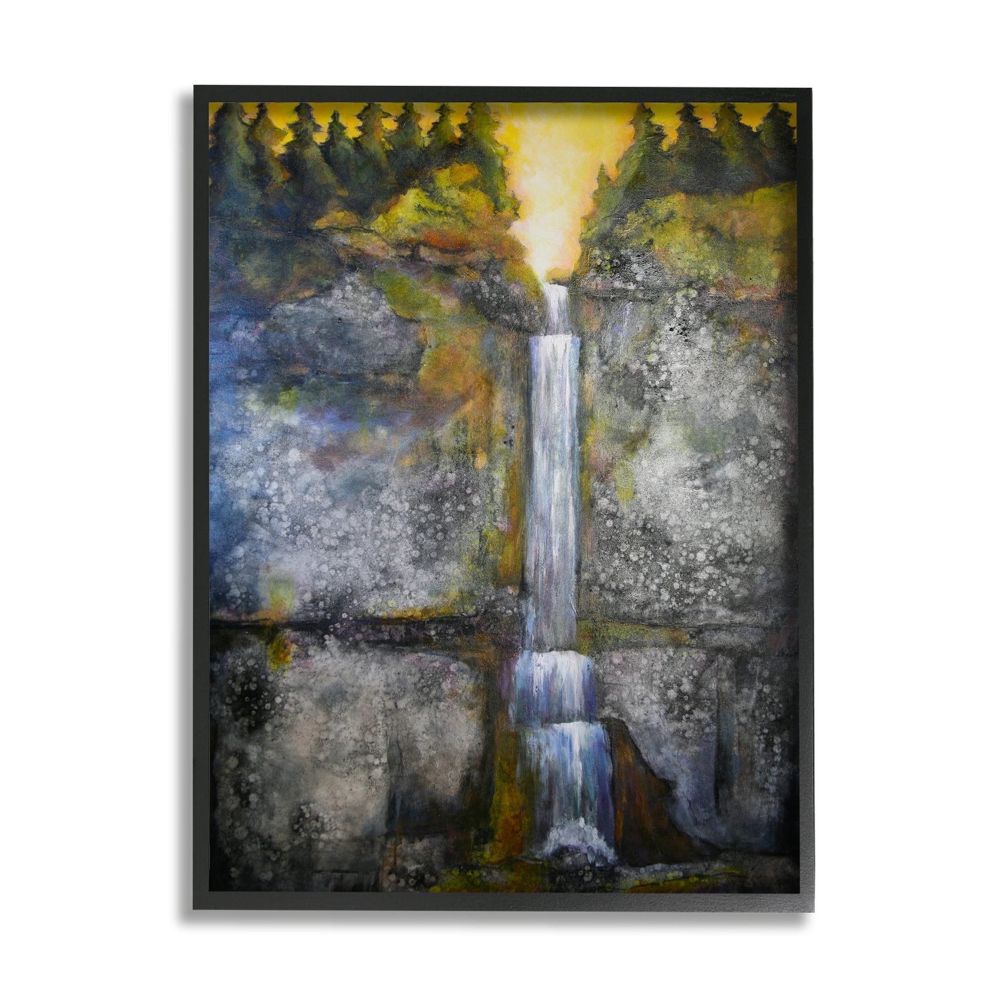 Stupell Industries Rustic Sunset Waterfall Cascading Waters Green Yellow Paintings Gray Framed Art Print Wall Art, 24x30, by Doris Charest