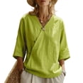 thumbnail image 3 of Women's V-Neck Asymmetrical Linen Blend Blouse - 3/4 Sleeve Casual Button Detail Tunic Top with Loose Fit, Lightweight Solid Boho Shirt for Summer & Vacation Light Green XXL, 3 of 6