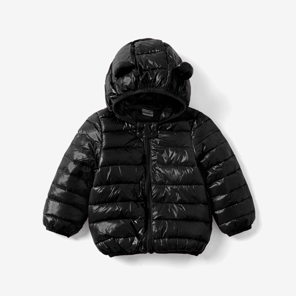PatPat Baby Coat Toddler Boys Girls Winter Jackets Stylish 3D Ear Print Solid Hooded Coats, Black, 12-18 Months