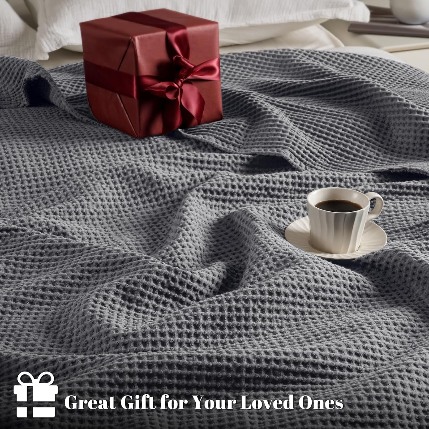 PHF Cotton Waffle Weave Blanket Twin Size for Bed, Lightweight Breathable Blanket for Couch, Home Decor Gift, Charcoal, 66"x 90"