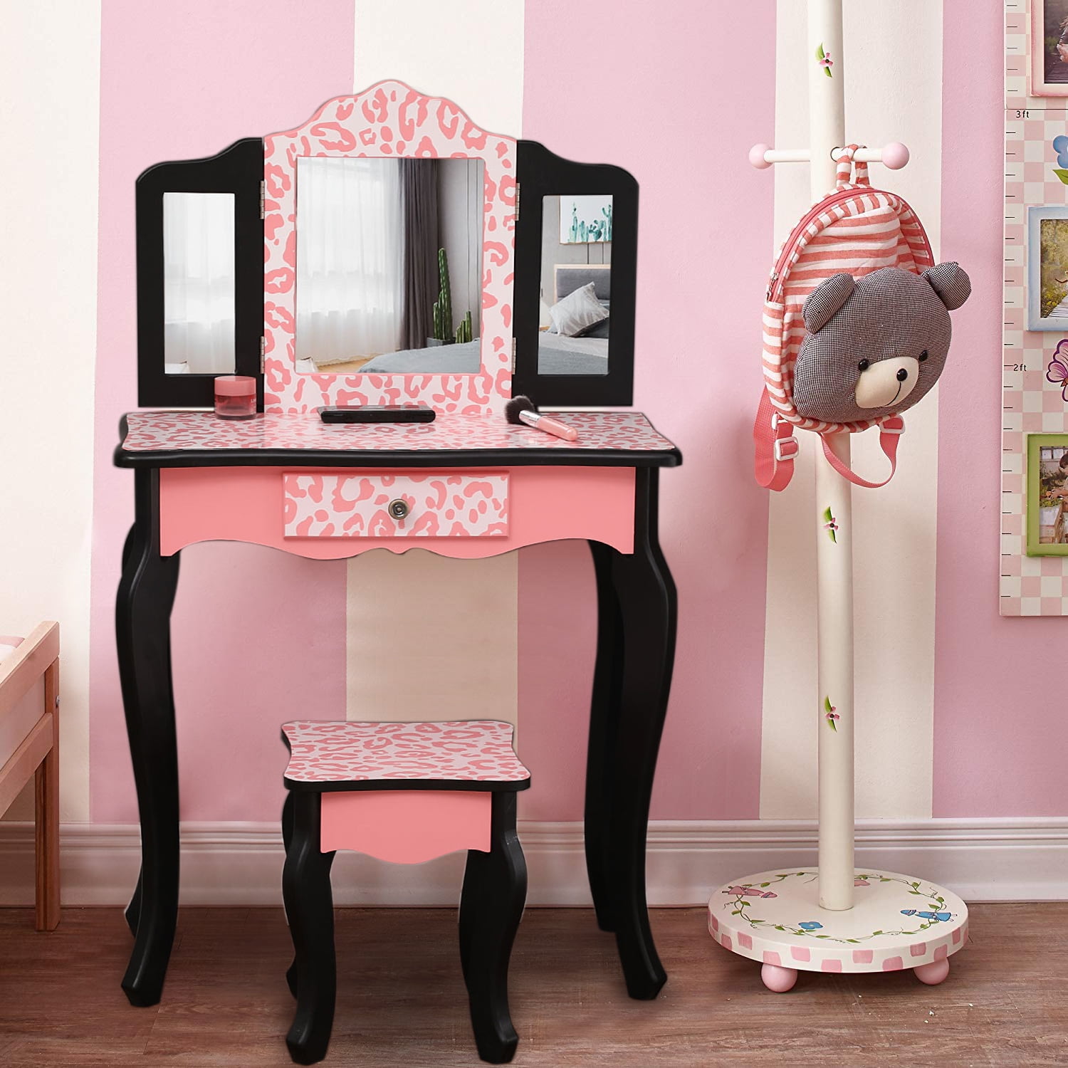 Generic y Desk Stool & r Set Multipurpose W Pink Kids Dressing Pink Ki Mirror Set e With Table With Dressin Multipurpose Wooden Play Desk
