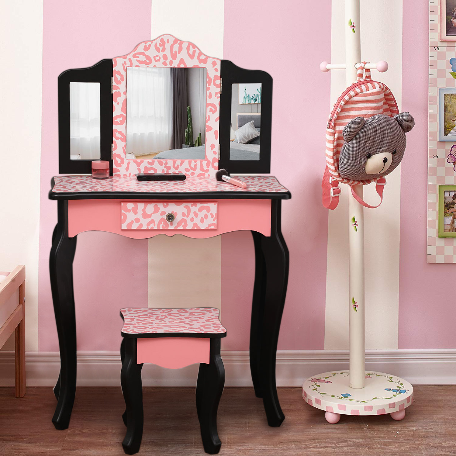 Ktaxon Kids' Wooden Vanity Table and Stool Set with 3 Mirrors, Princess 