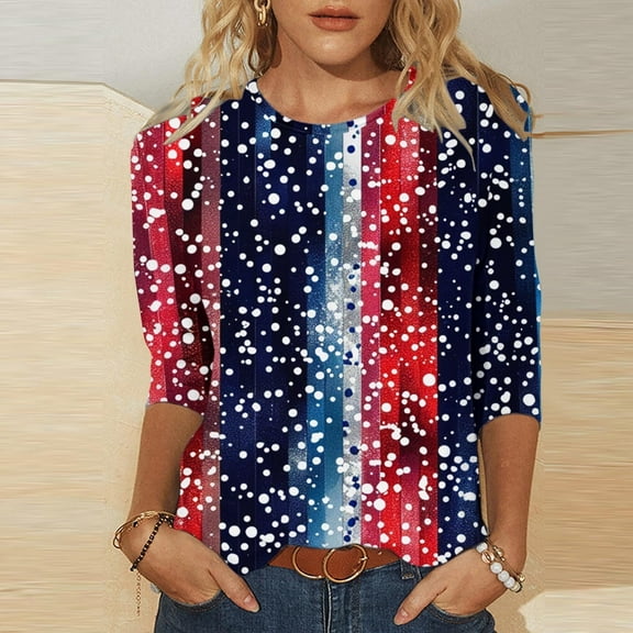 Juslio Plus Size Tops Women Shirts 3/4 Sleeve Flowers Tops Crew Neck Casual Blouses Multicolor L