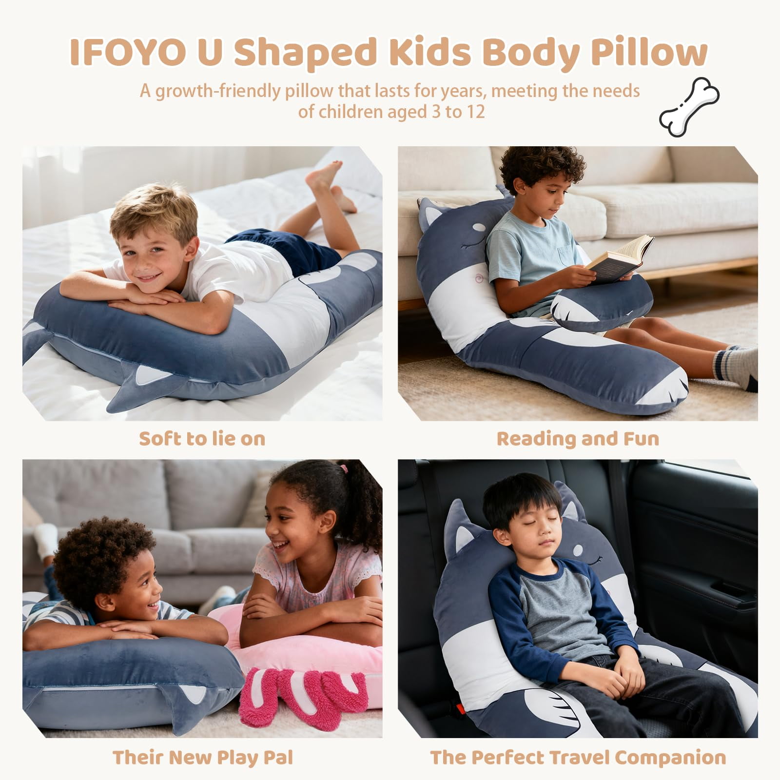 IFOYO 43" U Shaped Kids Full Body Pillow, Minky Cuddle Pillow for Sleeping ADHD Sensory Relief, Washable Cover for Boys Girls