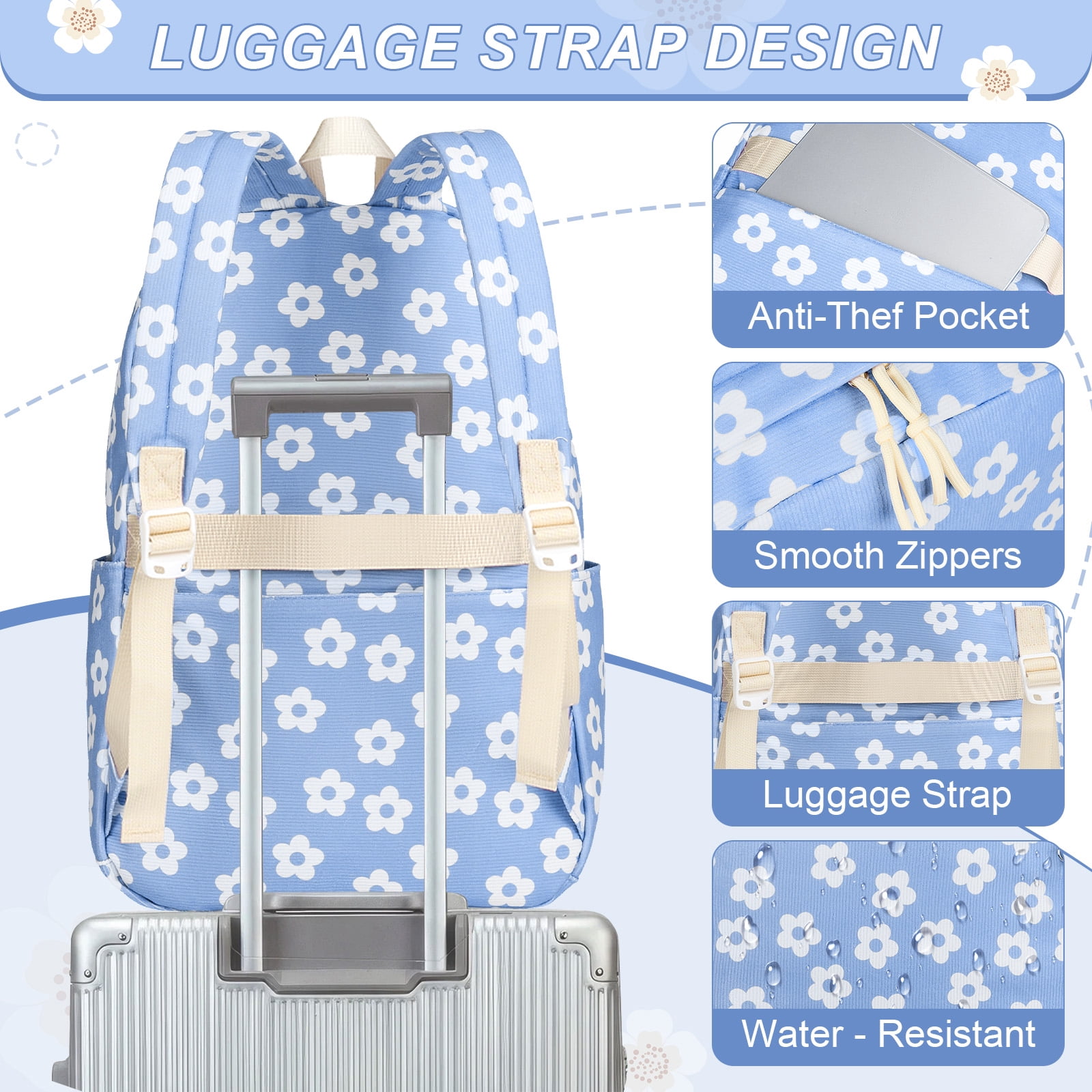 DAKIMOE School Backpack for Teen Girls Bookbags Elementary High School Corduroy Laptop Bags Women Travel Daypacks Middle School College Big Blue Flower