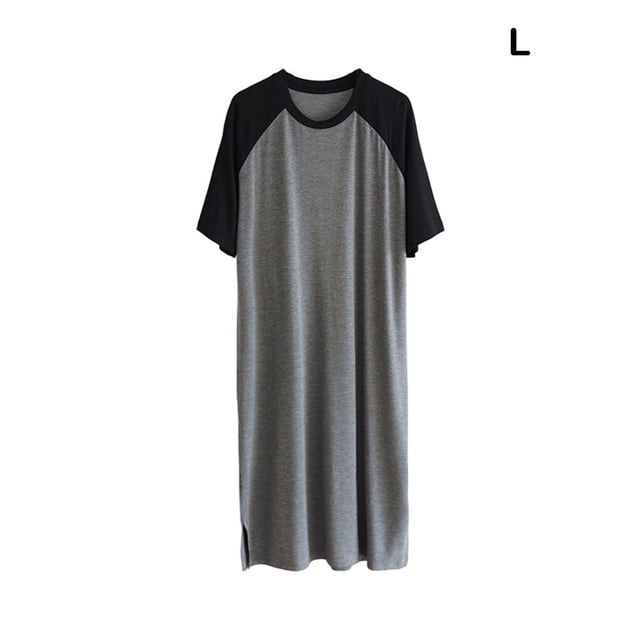 Chemise de Nuit pour Homme en Coton Raglan, Vêtement de Nuit Léger, Robe de Pyjama Respirante à Col Rond, Chemise de Sommeil à Empiècements, Nuisette Noire/gris Foncé L