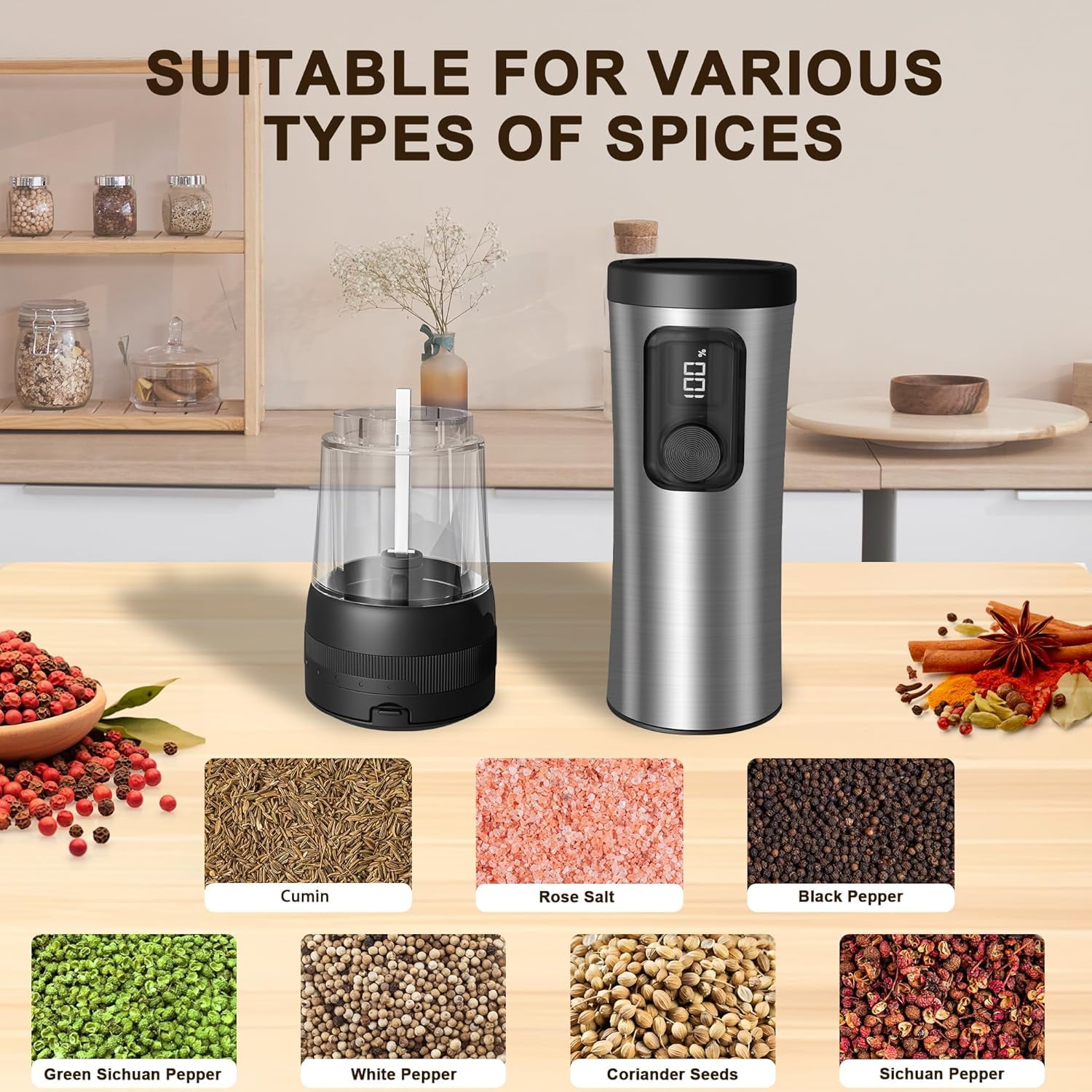 Electric Salt and Pepper Grinder Set - Automatic Rechargeable Pepper Mill with LED Battery Display & USB-C Charging Base, 5-Level Adjustable Coarseness Stainless Steel Spice Shakers for Kitchen, Dini