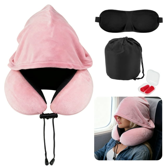 Almohada de Cuello de Viaje con Capucha Grande para Avión, Almohada de Espuma Viscoelástica Lavable, Rosa