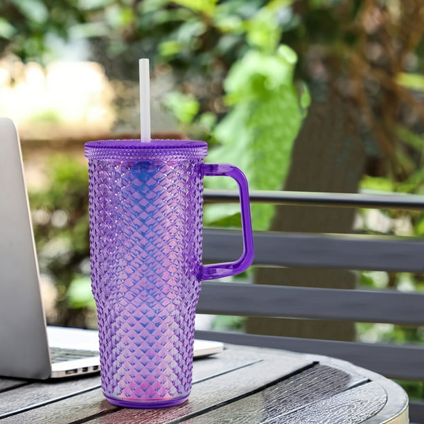 Juego de 4 Vasos con agarradera Textura diamante doble pared 600 ml con popote Morado Tornasol