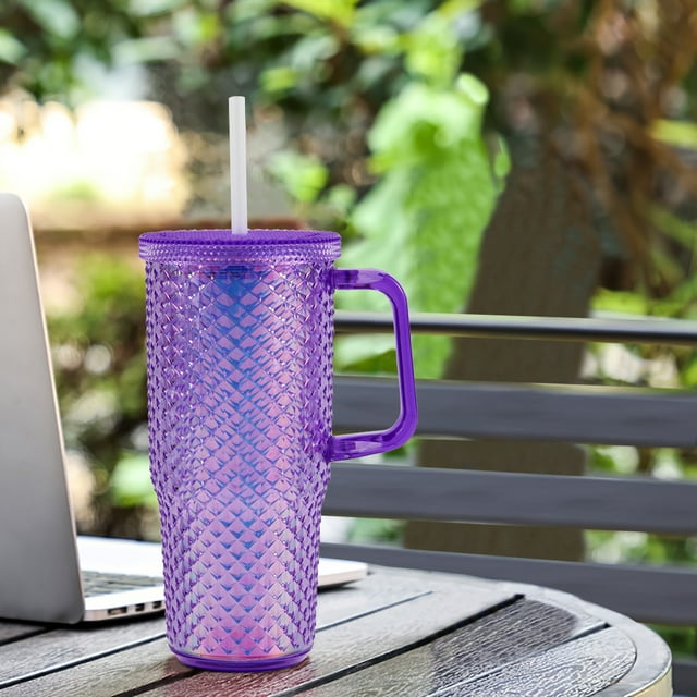 Juego de 4 Vasos con agarradera Textura diamante doble pared 600 ml con popote Morado Tornasol