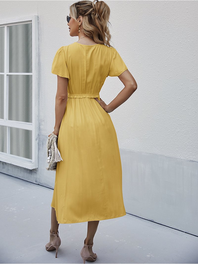 Shirred Neck Flowy Short Sleeve Dress for Women Below Knee Length -  Walmart.com
